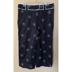 Onque Casuals Pants Large Black w/ Embroidered White Flowers Zip Up Stretch B6